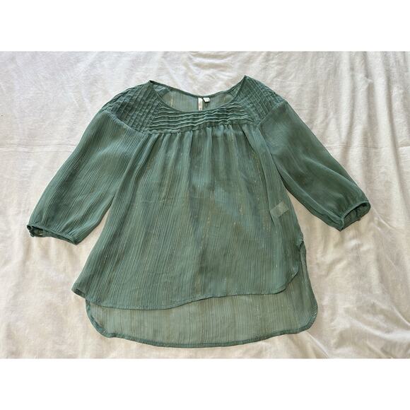 Lauren Conrad Green Sheer Blouse M | Gold Metallic Striped Peasant Top - Picture 1 of 5